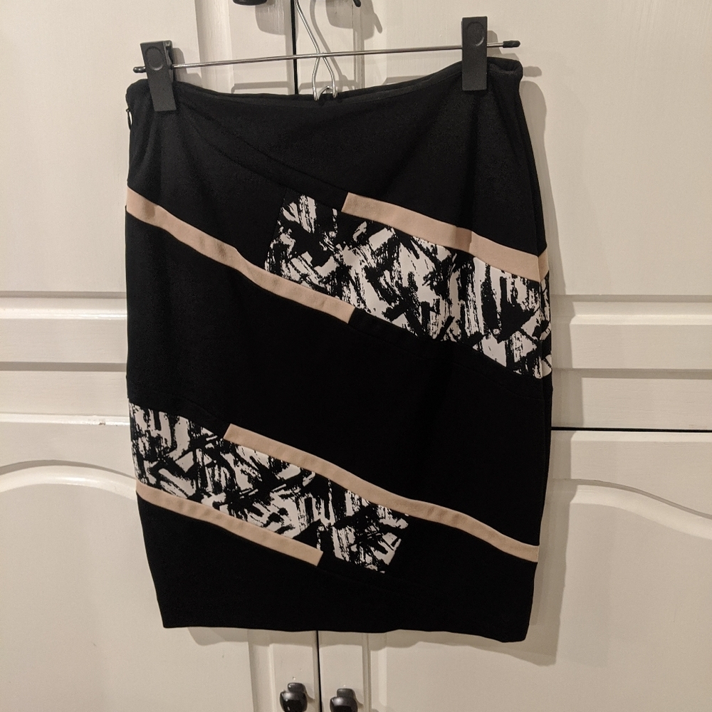Black, White, and Tan Patterned Midi Skirt